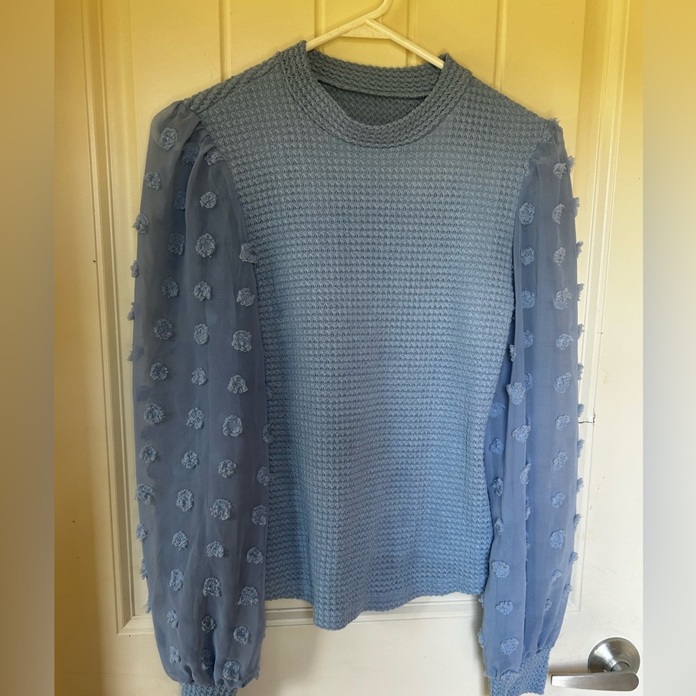Blue Sweater with Textured Sleeves